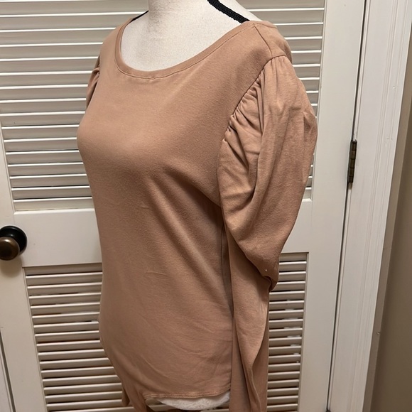76. BCBGMAXAZRIA Ruched Puff Sleeve Bodysuit in Camel - Picture 8 of 14